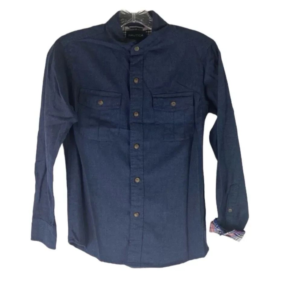 Nautica Shirt Boys Blue Chambray Denim Soft Button Down M 10/12 Preppy